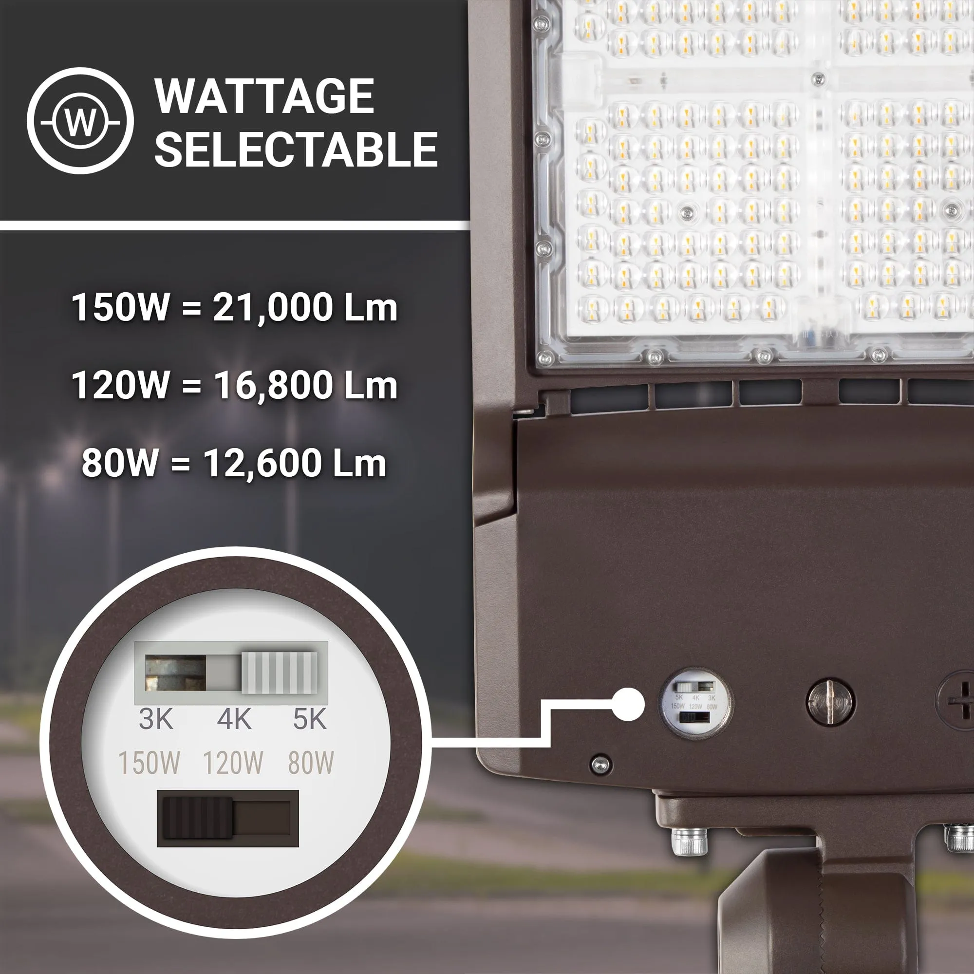 150W/120W/80W LED Area Light With Split Fit Mount - 3K/4K/5K CCT - 100-277VAC